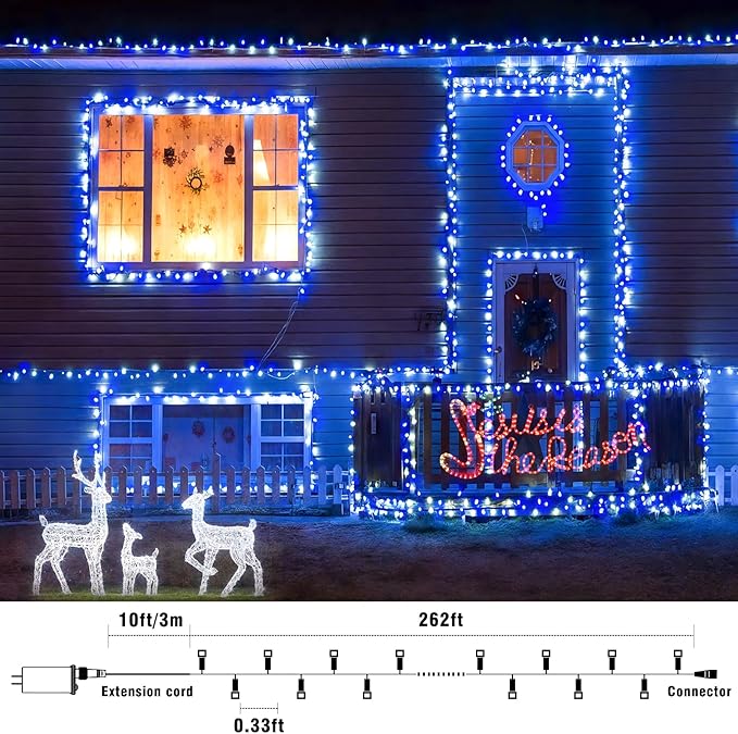 800 LED Christmas Lights Outdoor Indoor, String Lights for Outside with 8 Modes Waterproof, Plug in Twinkle Light Clear Wire for Bedroom House, Patio, Garden, Party Decorations, Blue White