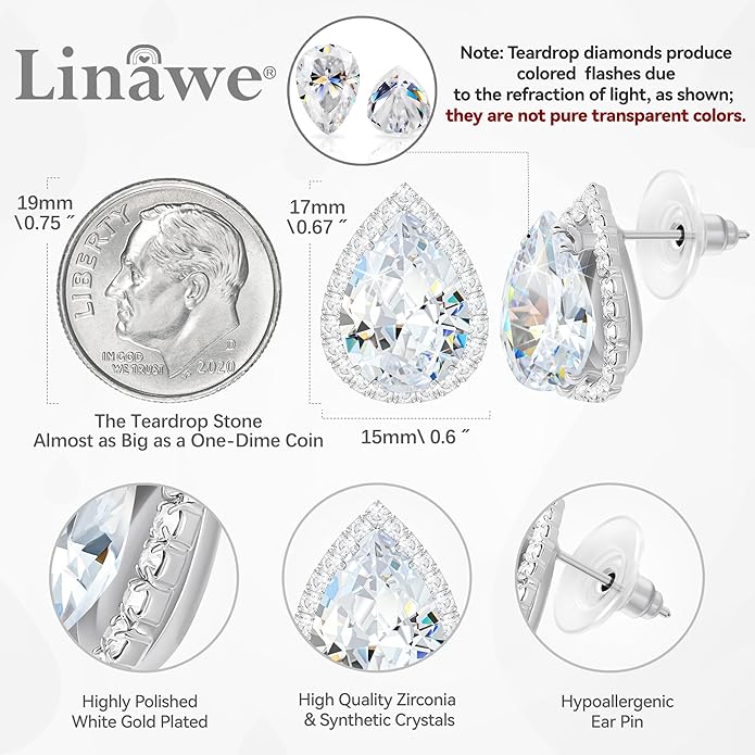 Linawe Women Stud Earrings, Teardrop Diamond Moissanite Cubic Zirconia Earrings Studs Rhinestone Jewelry Gold/Silver/Rose Gold