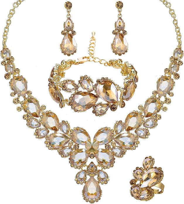 Women's Wedding Bridal Austrian Crystal Glass Teardrop Statement Necklace Dangle Earrings Bracelet Ring Wedding Party Jewelry Set for Bridal Bridesmaid