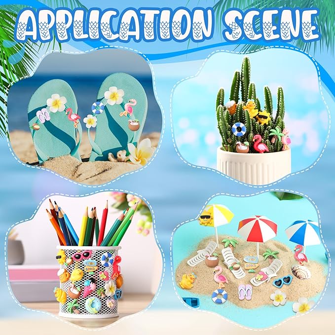 Giegxin 40 Pcs Summer Resin Charm Hawaii Beach Coconut Flamingo Plumeria Flower Flatback Cabochon Accessories Cute Embellishments Bulk for Jewelry Cellphone Case Scrapbooking Headband DIY Craft Making
