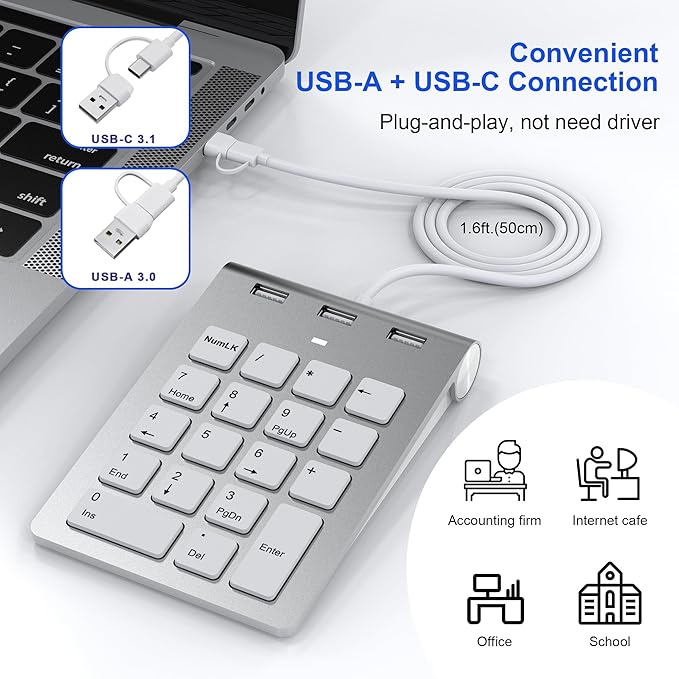 Wired USB C/A Number Pad - Numeric Keypad & Hub with 3 USB2.0 Ports - Portable Slim 18 Key Number Keypad Keyboard for Laptop PC Pad Surface MacBook, Wired Numeric Keypad with Type C & USB Cable 1.6Ft