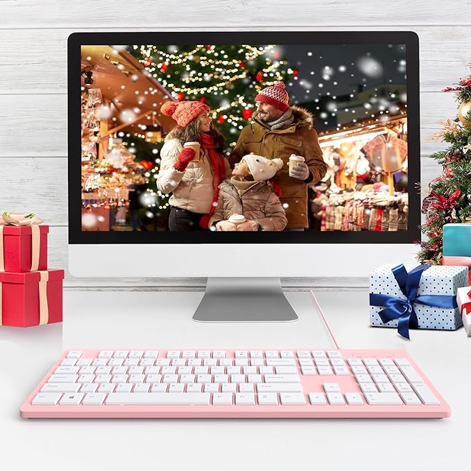 Computer Keyboard Wired, Plug Play USB Keyboard, Low Profile Chiclet Keys, Large Number Pad, Caps Indicators, Foldable Stands, Spill-Resistant, Anti-Wear Letters for PC Laptop (Pink, 1-Pack)