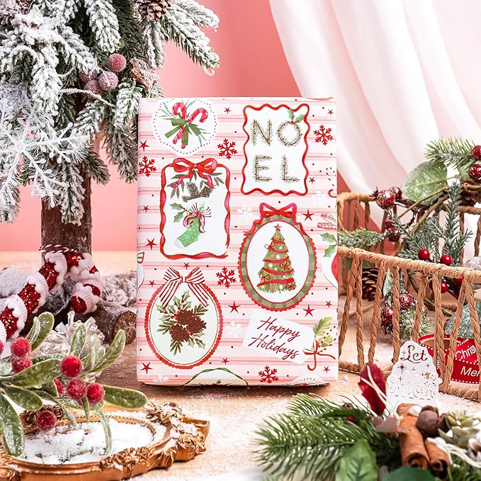 WRAPAHOLIC 30 Inch Christmas Wrapping Paper Roll - Jumbo Roll Red and Green Christmas Decor, Candy Canes, Holly and Bow Wrapping Paper - 4 Rolls - 30 Inch x 120 Inch Per Roll