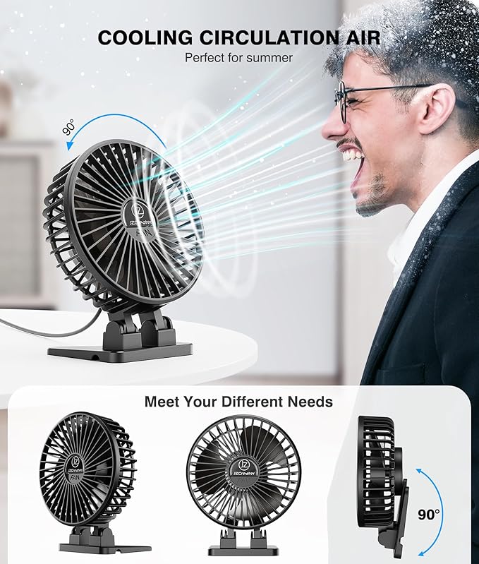 JZCreater USB Desk Fan, Mini Portable, 3 Speeds Desktop Table Cooling, Plug in Power, Rotation Strong Wind, Quiet Personal Small for Home Office Travel Bedroom, Black