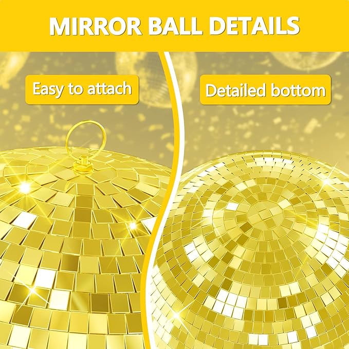 12 inch Gold Disco Ball, Hanging Mirror Disco Ball, Wedding Decoration Disco Light Ball, Stage Lighting Effect, 12/16/20 inch Home、Stage and Bar Glittering Decoration(12inch-Golden)