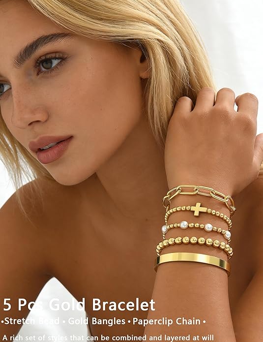 Valentines Day Gifts for Her Teen Wife Gold Beaded Bracelets for Women, 5 Pcs Dainty 14K Gold Plated Chunky Stretch Bead Ball Bracelet Stack