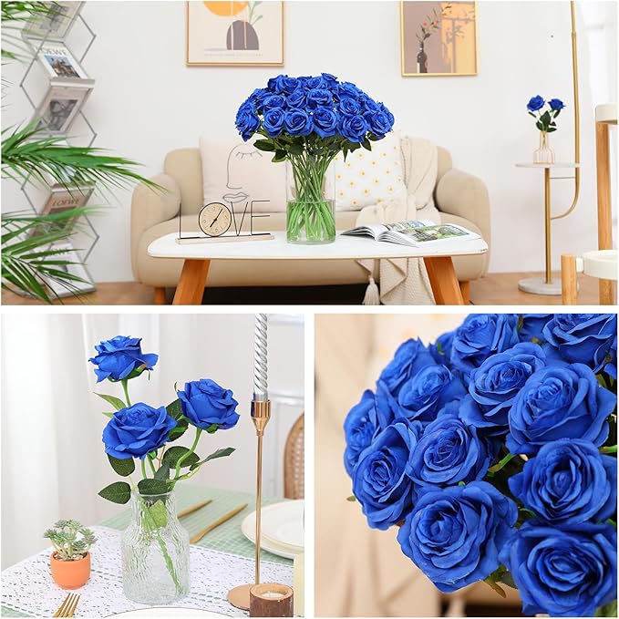 Tifuly 50 Pcs Blue Roses Artificial Flowers Bulk,Realistic Long Stem Fake Silk Roses for Wedding Centerpiece Table Vases Party Home Kitchen DIY Bouquets Decor