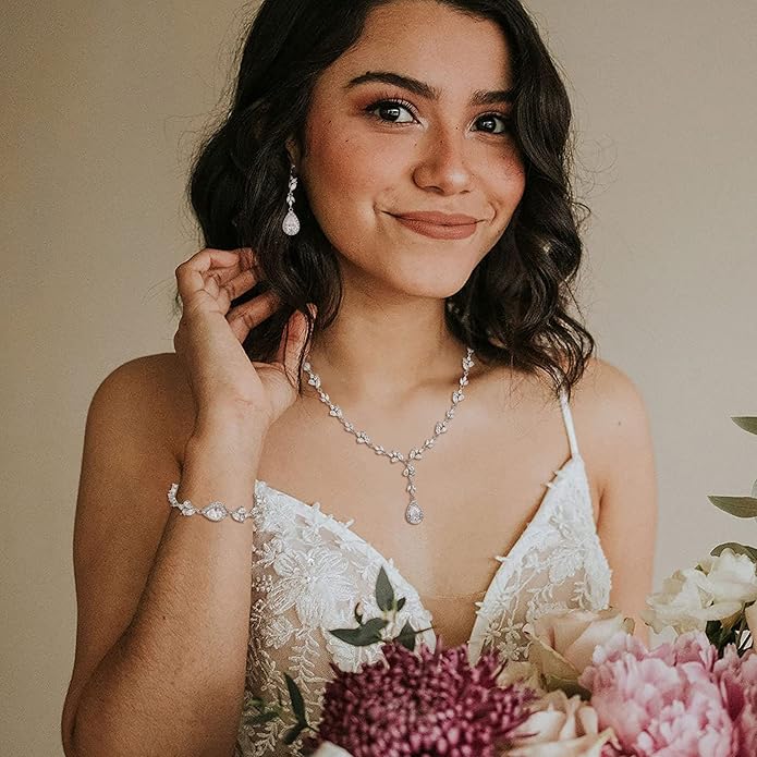 Crysdue Teardrop Bridal Jewelry Set for Wedding Party, Silver/14K/Rose Gold Plated Prom Costume Jewellery for Bride Bridesmaids Women, Cubic Zirconia Necklace Dangle Earrings Bracelet