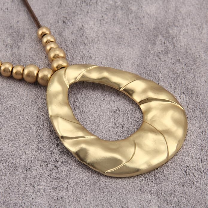 Boho Leather Necklace Women Bohemian Brown Circle Pendant Necklace Choker Long Necklaces for Women Boho Ring Large Pendant