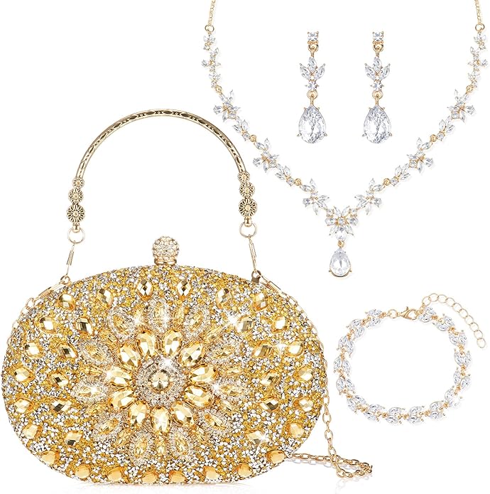 Quelay 4 Pcs Purse Rhinestone Jewelry Set Evening Clutch Bag Bling Crystal Necklace Dangle Earrings Bracelets Accessories
