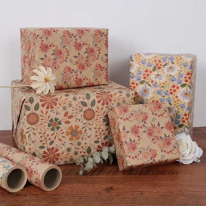 Aimyoo Kraft Floral Wrapping Paper Bundle, Vintage Spring Flowers Rose Gift Wrap Paper for Wedding Bridal Shower Birthday, 3 Rolls 17 in x 12 ft per Roll