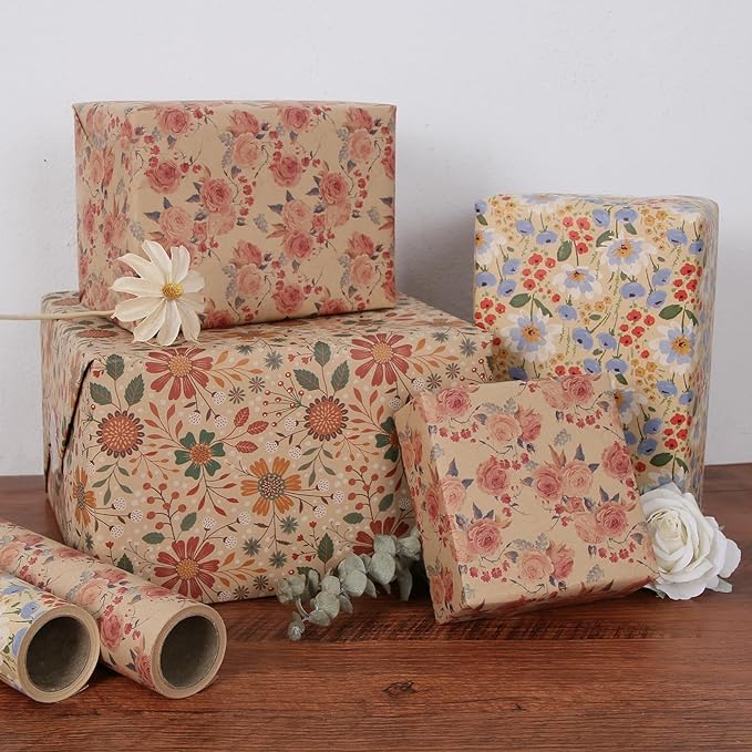 Aimyoo Kraft Floral Wrapping Paper Bundle, Vintage Spring Flowers Rose Gift Wrap Paper for Wedding Bridal Shower Birthday, 3 Rolls 17 in x 16 ft per Roll