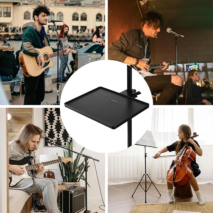 RTNLIT Microphone Music Stand Tray, Adjustable Clamp On Rack Tray Holder with 7.7 Pound Weight Capacity, for Music Sheet, Singing, Stage, Audio Recording (10.6" x 8")