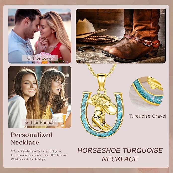 Western Cowboy Necklace 925 Sterling Silver Horseshoe Pendant Western Jewelry Cowgirl Gifts for Women Girlfriend Cowboy Cowgirl