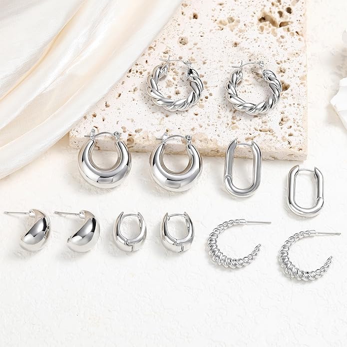6 Pairs 14K Gold Plated Hoop Earrings for Women Lightweight Chunky Hoop Earrings Multipack Hypoallergenic, Thick Open Twisted Huggie Hoops Earring Set Jewelry for Gifts.