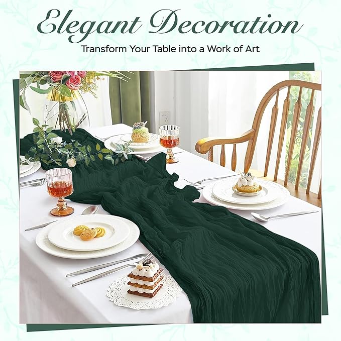 Cheesecloth Table Runner 6 Pack – 35x120 Inch (10ft) Boho Rustic Gauze Cloth Runners – Crinkle Polyester Table Decor for Wedding, Baby Shower, Bridal Shower, Birthday Party and More (Emerald Green)