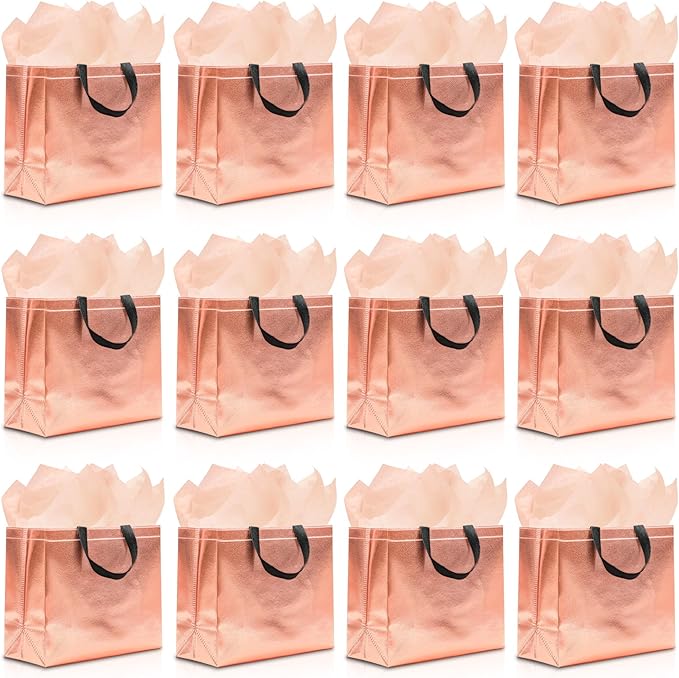 KeerxunBag 12Pcs Reusable Gift Bags（Includes Tissue Paper） Gift bag with handle Birthdays Parties Holidays Weddings Medium 13x5x11in Rose Gold Bags