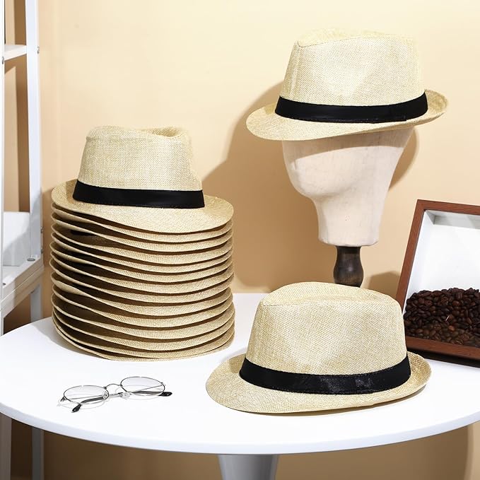 Suhine 36 Pcs Halloween Men Fedora Style Hat Bulk 20s Straw Short Brim Panama Women Party Costume, Circumference 60 cm