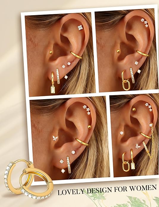 HAIAISO Small 14K Gold Plated Huggie Hoop Earrings for Women Lightweight Double Piercing Chain Earrings Dainty Stud Earrings Hypoallergenic 14K Gold Plated Hoop Earrings Set
