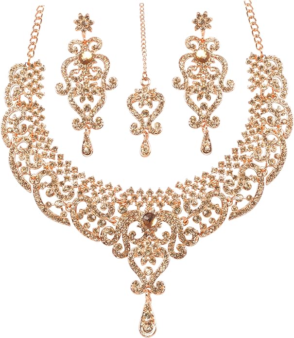 Touchstone Indian jewelry set for women bollywood gold jewellery wedding outfits necklace sets earrings bridal maang tikka fancy costume girls big desi accessories rhinestone in gold or silver tone