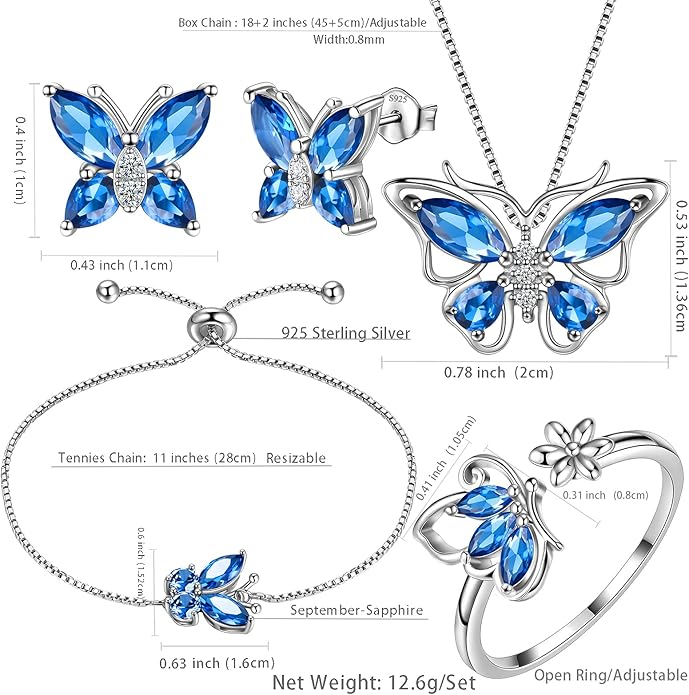 Aurora Tears Butterfly Jewelry,Women 925 Sterling Silver Butterflies Birthstone Pendant Necklace/Earrings/Rings Wedding Gift
