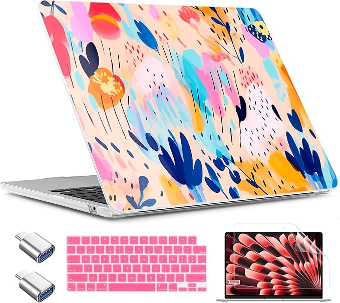 TWOLSKOO Compatible with M4 MacBook Air 15 inch Case 2025-2023 Released Model M4 A3241 M3 A3114 M2 A2941, Plastic Hard Shell & Screen Protector & Keyboard Cover &Type C Adapter, Bright Abstract Floral