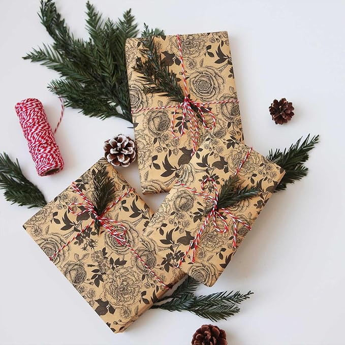 YXTII Kraft Floral Wrapping Paper, Gift Wrap with Cut Lines, Vintage Black Floral Design for Birthday, Wedding, Valentines, Christmas, Bridal Shower, Baby Shower, 17 Inches x 9.8 Feet, Mini Roll