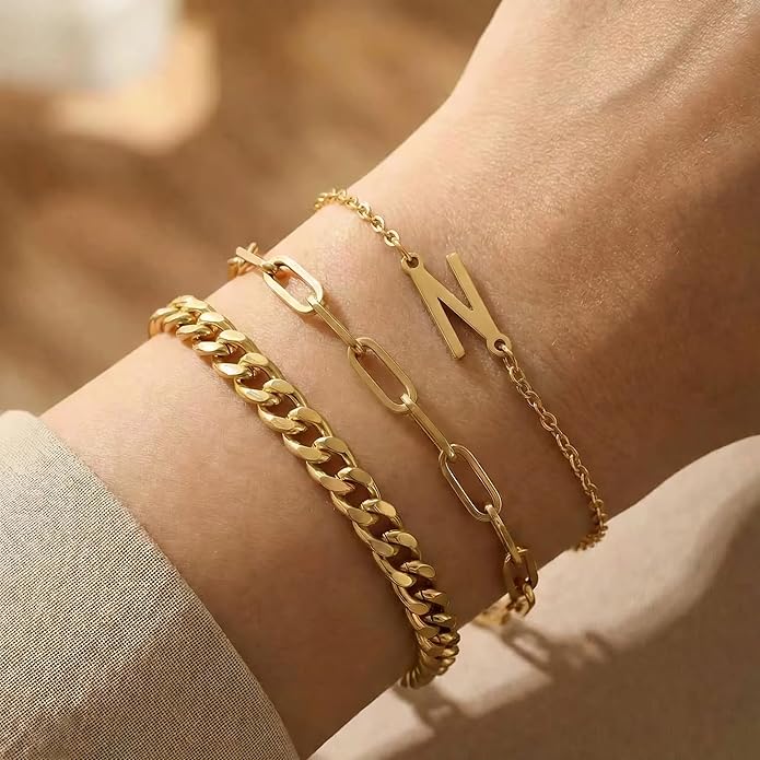 14K Gold Plated Bracelets for Women, A–Z Initial Charm Bangles Jewelry Set, Elegant Gold Accessories, Friendship Bracelet Gifts for Mom