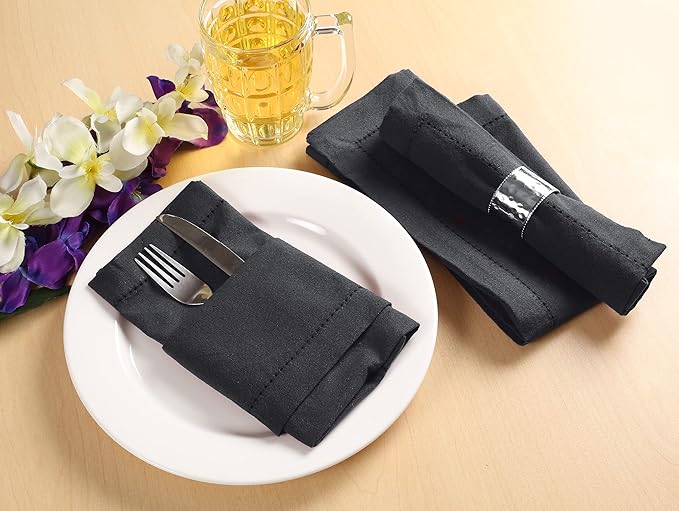 Palisa Cloth Dinner Napkins with Hemstitched Detailing & Mitered Corners Set of 12 (18x18 Inches) Charcoal - Cotton Reusable Dinner Napkins - Perfect for Weddings & Everyday Use