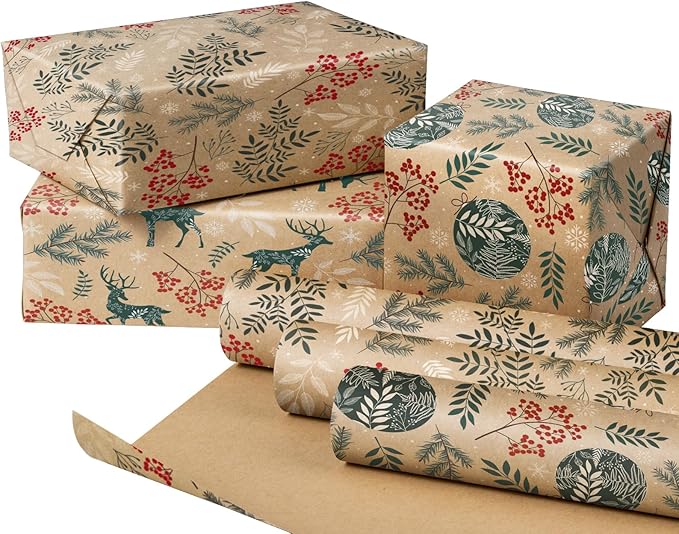 RUSPEPA Christmas Kraft Wrapping Paper Roll - Mini Roll - 17 inches x 10 feet per Roll, Total of 3 Rolls - Berry Leaves and Reindeer