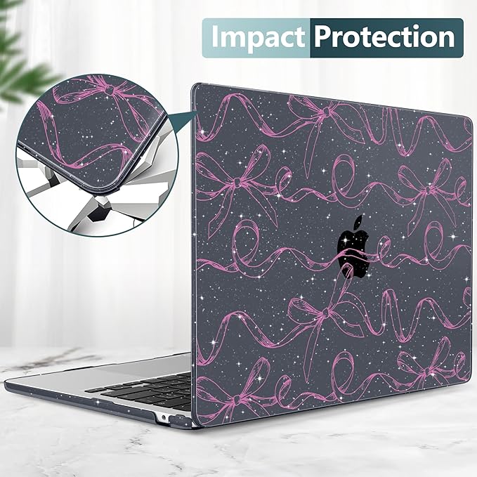 TWOLSKOO Compatible with M4 MacBook Air 15 inch Case 2025-2023 Released Model M4 A3241 M3 A3114 M2 A2941, Plastic Hard Shell & Screen Protector & Keyboard Cover & Type C Adapter, Sparkly Bows