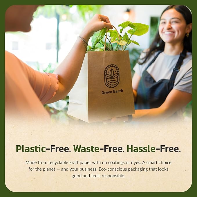 EKOBAGS Granvia | 10x7x12 inches | 100-Pack Kraft Paper Gift Bags with Handles | 115 GSM Brown Paper Bags for Small Business, Shopping & Party Favors | Recyclable | Holds up to 13.8L/8 lbs