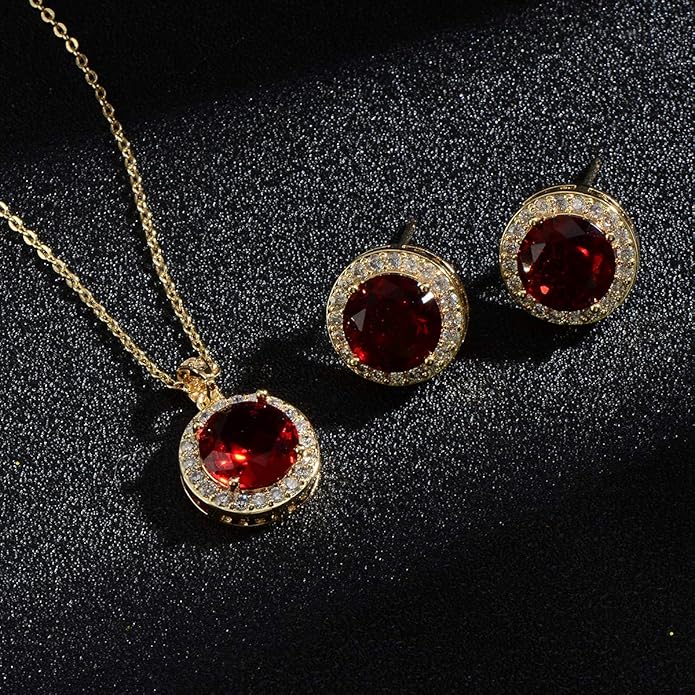 Bridal Crystal Jewelry Set - Sterling Silver Round Cubic Zirconia CZ Rhinestone Halo Birthstone Pendant Necklace Stud Earrings Set for Wedding Bride Bridesmaids Birthday Gift
