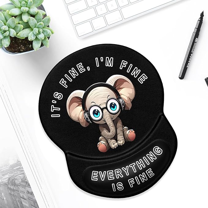 ITNRSIIET Ergonomic Mouse Pad with Gel Wrist Support Small Wrist Rest Smooth Surface Non-Slip PU Base Comfortable Office Supplies Pain Relief, 8.7 x 7.2 inches, Pretty Fine Elephant