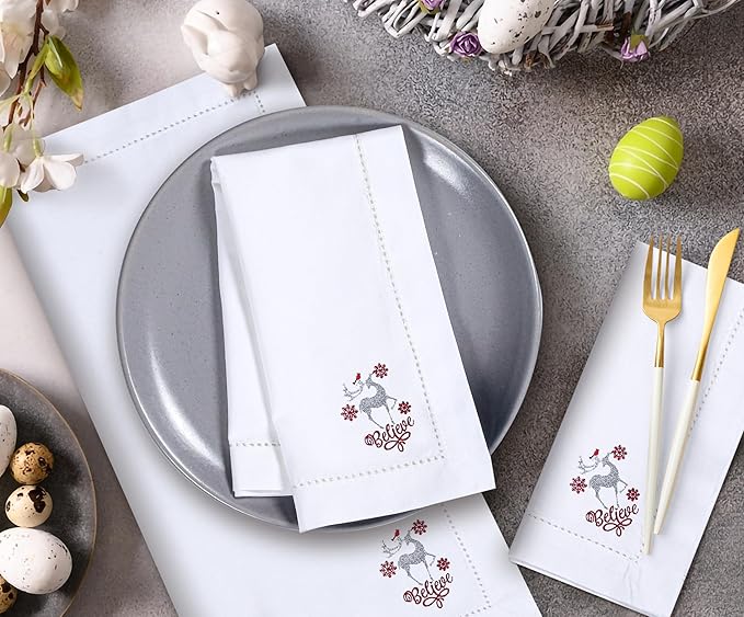 Homidate Cloth Dinner Napkins Set of 12 – 18x18 100% Cotton Silver with Red Embroidery – Machine Washable Reusable Napkins for Weddings, Parties, Dining & Holiday Events