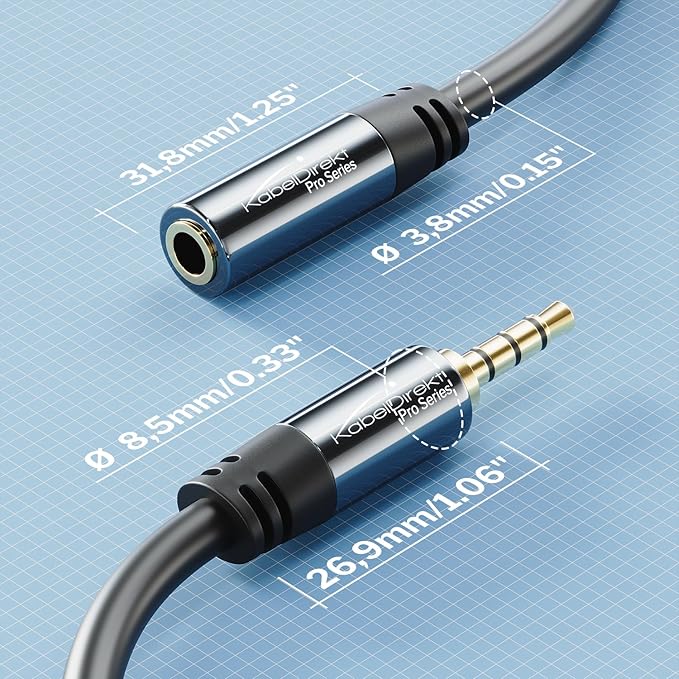KabelDirekt – Headset Extension Cable – 10ft – Headphone Extension Cord with Break-Proof Metal Plug for Gaming Headsets & Headphones with Microphone, TRRS, 4-Pole, 3.5mm Male to Female