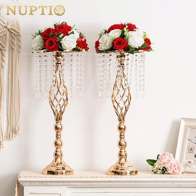 NUPTIO Pcs of 6 Fake Flower Ball Arrangement Bouquet,15 Heads Plastic Roses with Base, Suitable for Our Store's Wedding Centerpiece Flower Rack for Parties Valentine's Day Home Décor (Red & White)