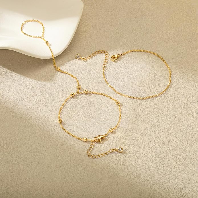 Valentine Gift 14K Gold Plated Hand Chain Bracelet for Women Trendy, 2 Pcs Stackable Gold/Silver Finger Ring Bracelet Hand Chain Dainty Non Tarnish Waterproof Set Jewelry Adjustable 7'+2