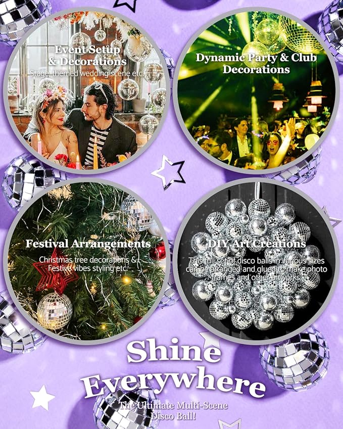 54PCS Mini Silver Disco Balls – Hanging Disco Ball Ornaments for Disco Ball Decor, Mini Disco Balls for Disco Party Decorations, Weddings, Rooms, Cakes & Disco Christmas Decor