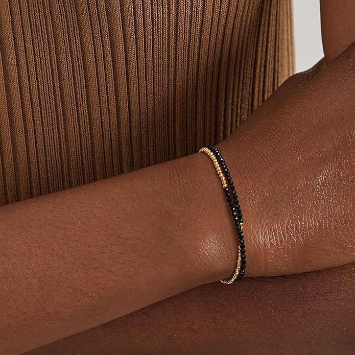 MYEARS Women Beaded Bracelet Gold Double Layer Gemstone 14K Simple Dainty Handmade Chain Everyday Boho Beach Jewelry