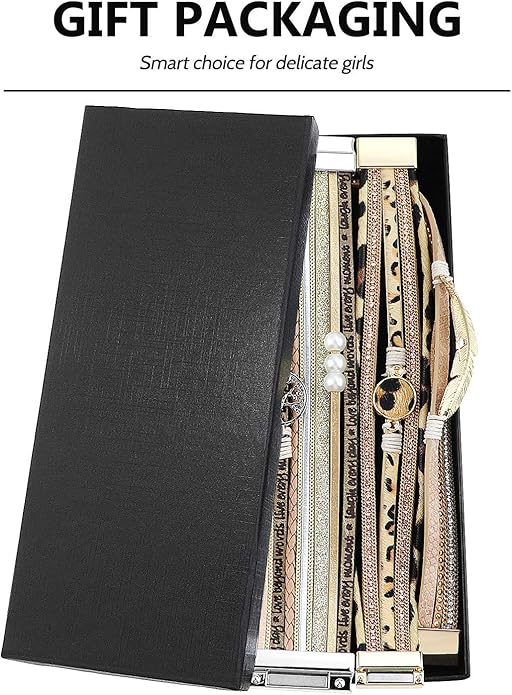 Wowanoo 3Pack Leather Cuff Bracelet Set Multilayer Wrap Bracelet Crystal Feather Tree Bracelet Magnetic Clasp Bracelet for Women