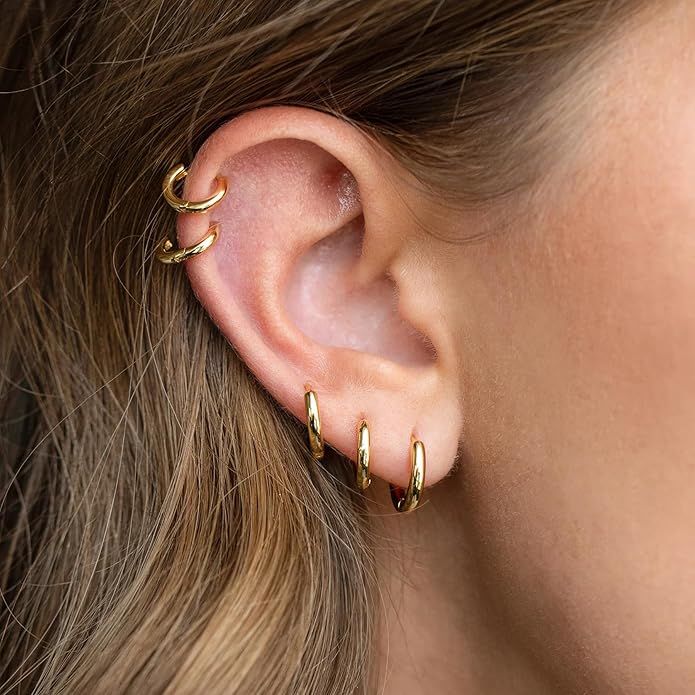 Small Gold Huggie Hoop Earrings Set for Women Men Hypoallergenic 14K Plated Stack Cartilage Earrings, Multiple Piercing Lightweight Mini Thin Cute Dainty Trendy Jewelry Set Christmas Gifts for Women