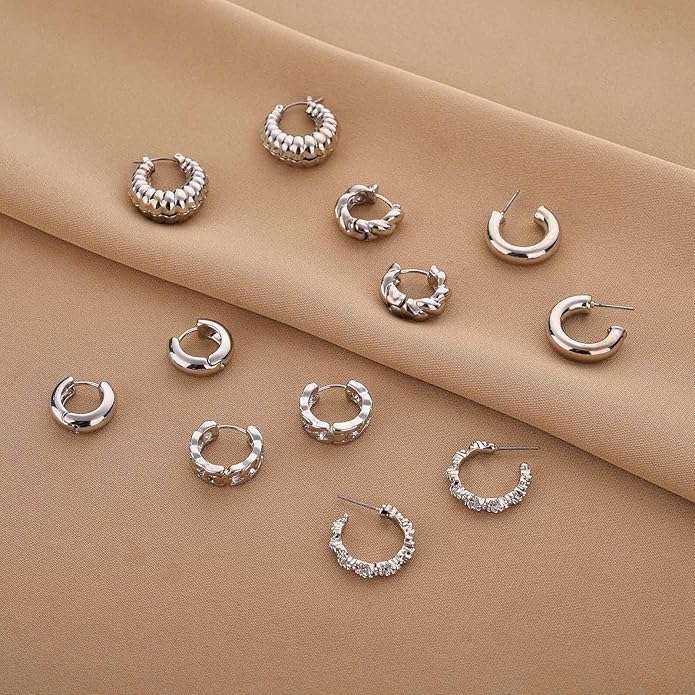 Wgoud Chunky Hoop Earrings Set 14K Gold Plated Hoop Earrings for Women Hypoallergenic, Thick Twisted Huggie Hoops Earring Set