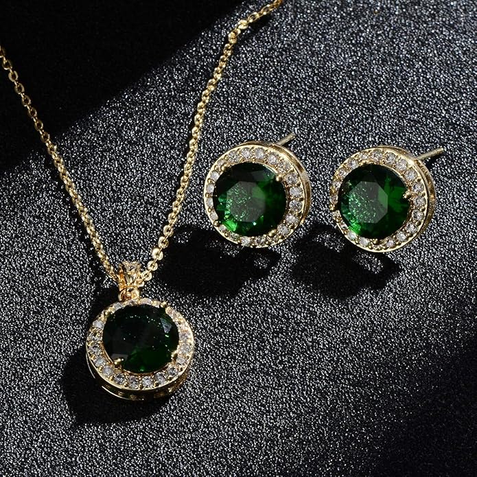 Bridal Crystal Jewelry Set - Sterling Silver Round Cubic Zirconia CZ Rhinestone Halo Birthstone Pendant Necklace Stud Earrings Set for Wedding Bride Bridesmaids Birthday Gift