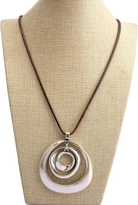 GelConnie Boho Necklaces for Women Vintage Silver Circles Long Pendant Necklace Cowgirl Sweater Necklace Adjustable Leather Choker Necklace for Women