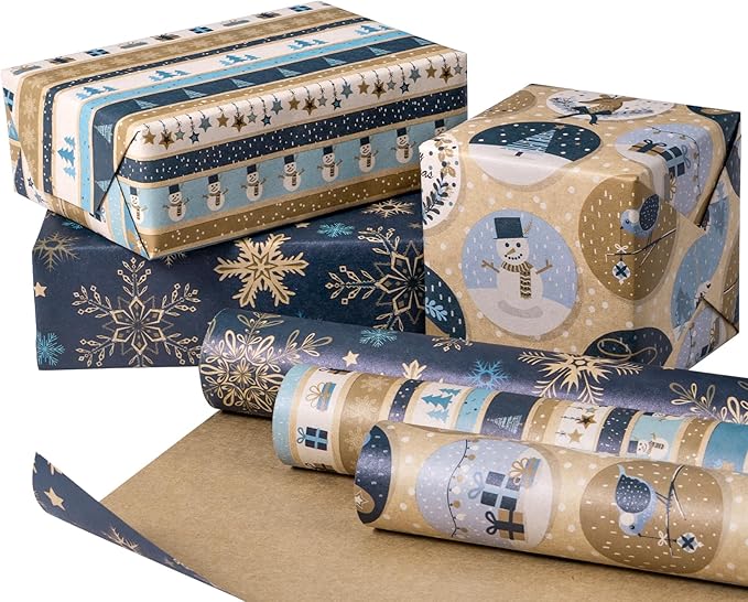 RUSPEPA Christmas Kraft Wrapping Paper Roll - Mini Roll - 17 inches x 10 feet per Roll, Total of 3 Rolls - Blue Snowman and Snowflake