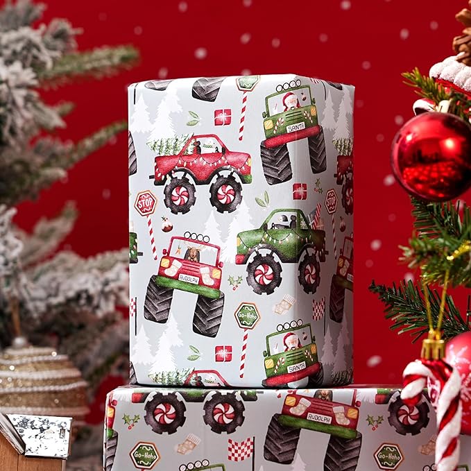 PlandRichW Monster Truck Christmas Wrapping Paper - Colorful Monster Trucks with Xmas Trees & Holiday Patterns - 40×28 Inch Xmas Gift Wrap, 4 Folded Sheets for Kids & Adults