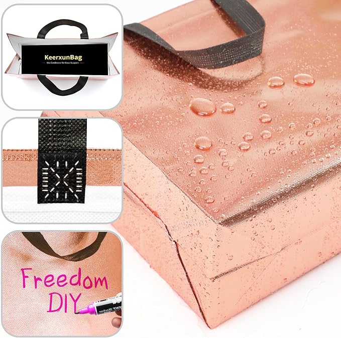 KeerxunBag 12Pcs Reusable Gift Bags（Includes Tissue Paper） Gift bag with handle Birthdays Parties Holidays Weddings Medium 13x5x11in Rose Gold Bags
