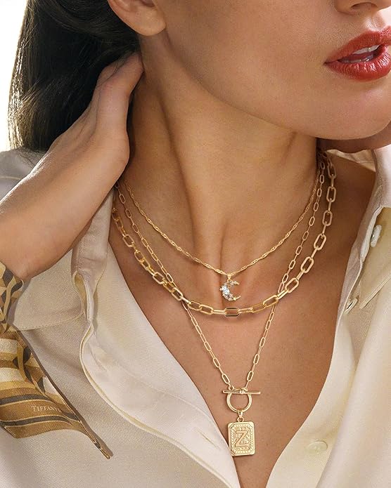 MJartoria Layered Initial Necklaces for Women Trendy, 14K Gold Plated Brass Simple Moon Choker Square Letter Pendant Necklace, Paperclip Chain Necklaces Jewelry Gifts