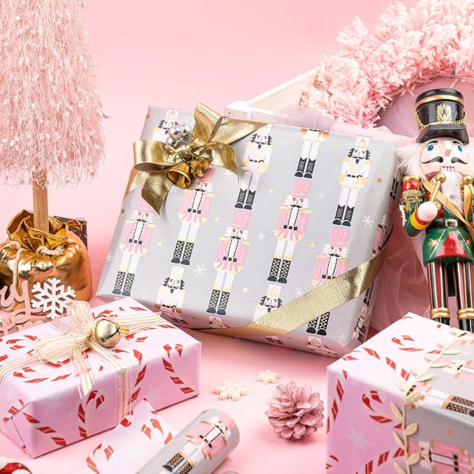 WRAPAHOLIC 30 Inch Jumbo Reversible Nutcracker Christmas Wrapping Paper - 30 Inch x 33 Feet - Nutcracker and Candy Cane Design Printed on Pearlized Paper for Chrsitmas, Holiday, Party Celebration